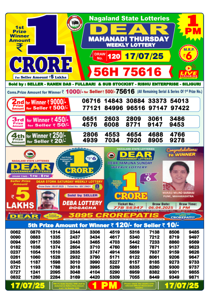 Dear Lottery 1PM Result